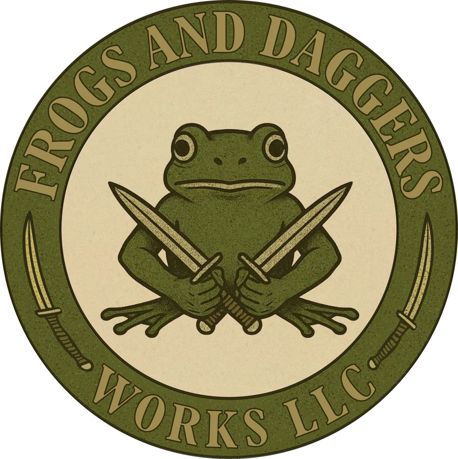 Frogs and Daggers Works LLC: a frog holding two crossed daggers